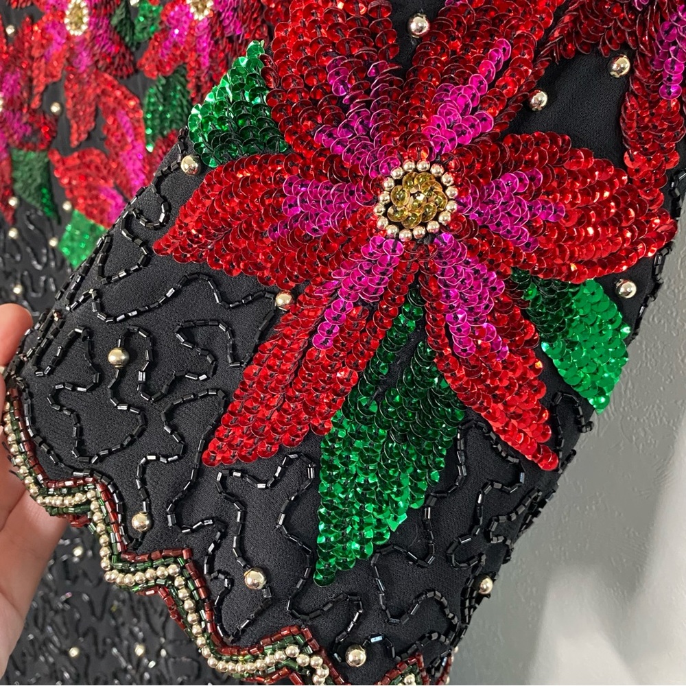 Vintage Christmas Holiday Poinsettia Beaded Sequin Embellished Top Size Large - Picture 6 of 9